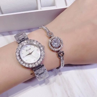 Đồng Hồ Nữ DR095 Dây thép Mặt Tròn Đính Đá Sang Trọng Tặng Vòng Tay