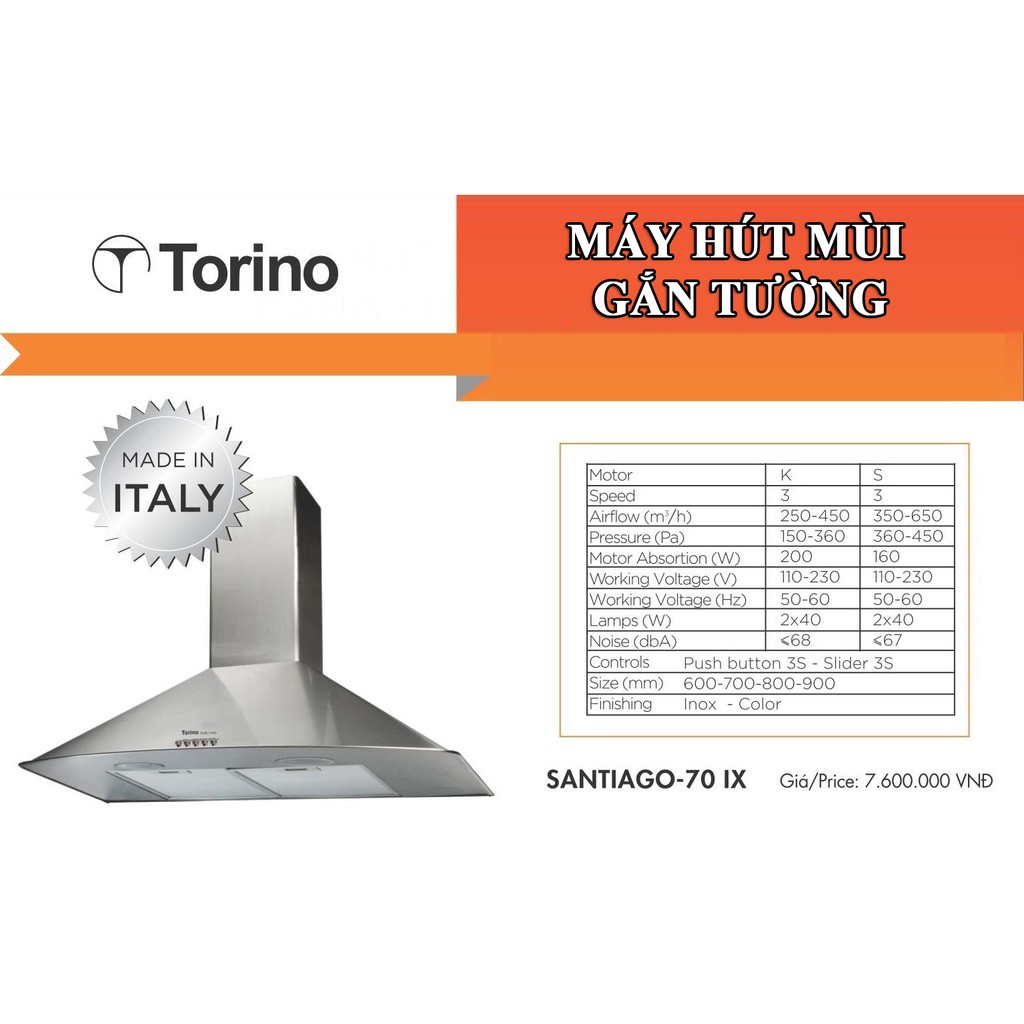 Máy hút mùi nhà bếp dạng phễu 70cm Torino SANTIAGO-70 IX nhập khẩu Italy