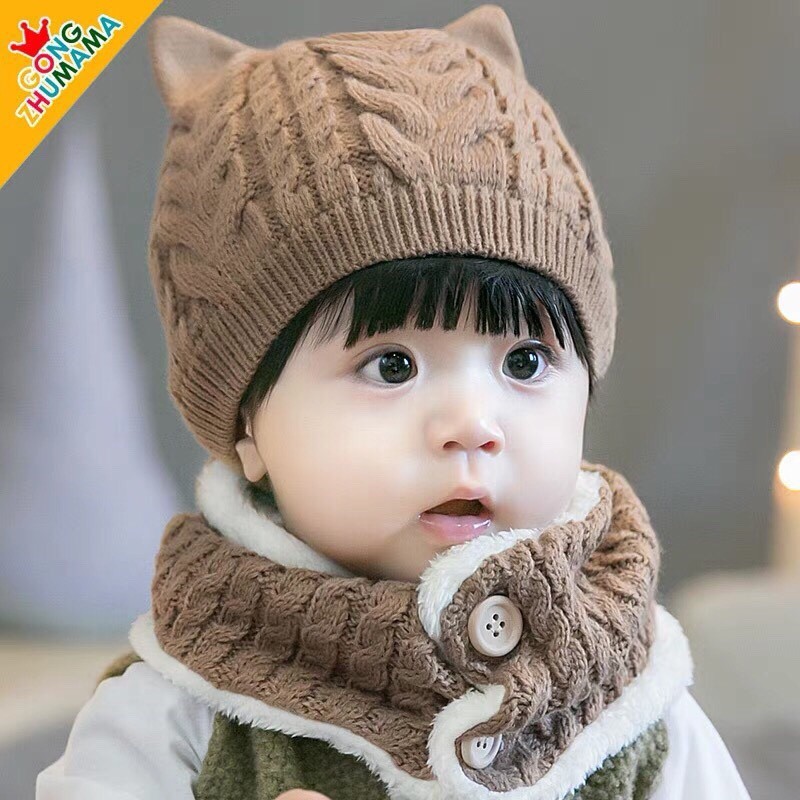 Set mũ len và khăn len ống quàng cổ 2 cúc (mũ có 2 tai mèo kute) lót lông cực ấm cho bé từ 6m-3y (loại đẹp)