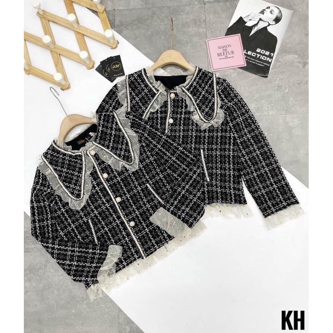 Áo Khoác Dạ Tweed Kẻ Cúc Ngọc Viền Nhũ