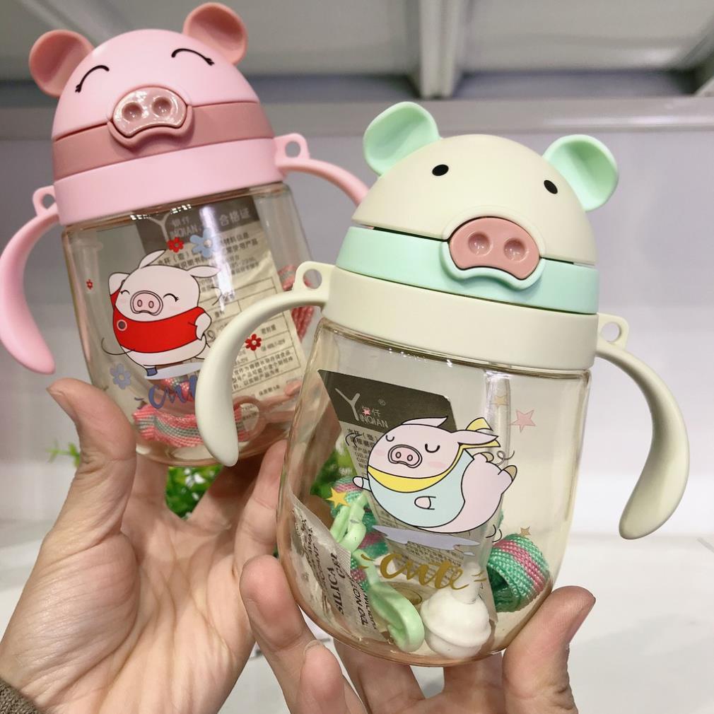 [Tặng dây đeo] Bình Tập Uống Nước Cho Bé 350ml Tiện Dụng hình con heo