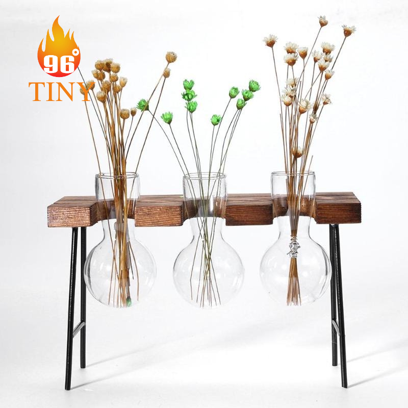 Bình thủy tinh hình tròn cắm hoa, trồng cây thủy sinh có khung gỗ và chân đế sắt trang trí để bàn, bàn làm việc