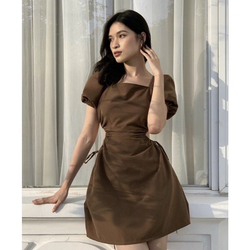ĐẦM CỔ VUÔNG CUT OUT LƯNG 2 MÀU NÂU TRẮNG SIÊU XINH - ELLA DRESS