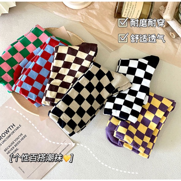 Vớ cotton Cổ Trung Thoáng Khí In Họa Tiết Caro Phong Cách Hàn Quốc Thời Trang Thu Đông Cho Học Sinh