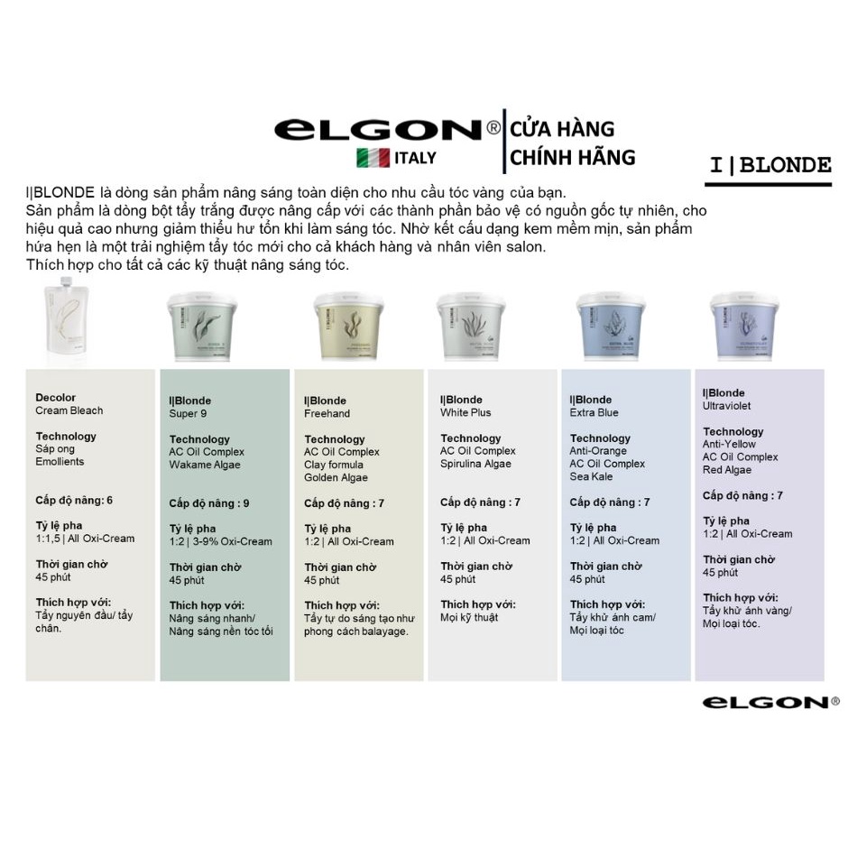 Bột tẩy siêu tím khử LÊN TRẮNG tới 7 cấp độ ELGON I|BLONDE Decolor Ultra Violet 500GR
