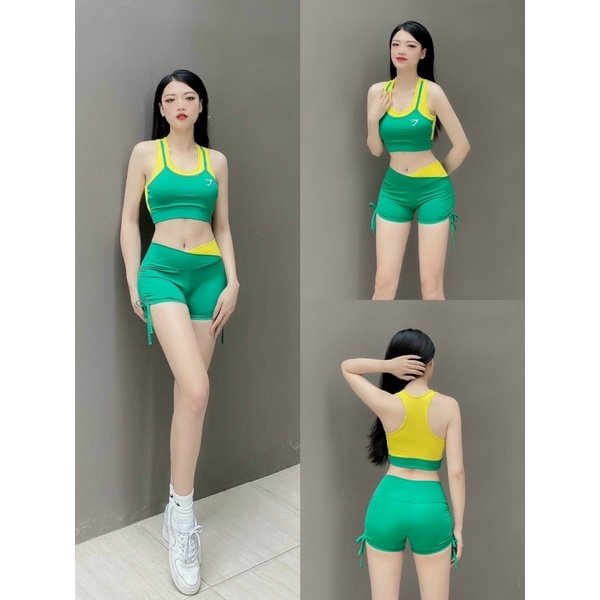 Đồ tập gym nữ bộ tập gym yoga erobic nữ áo bra quần sooc rút dây cạp chéo phối màu