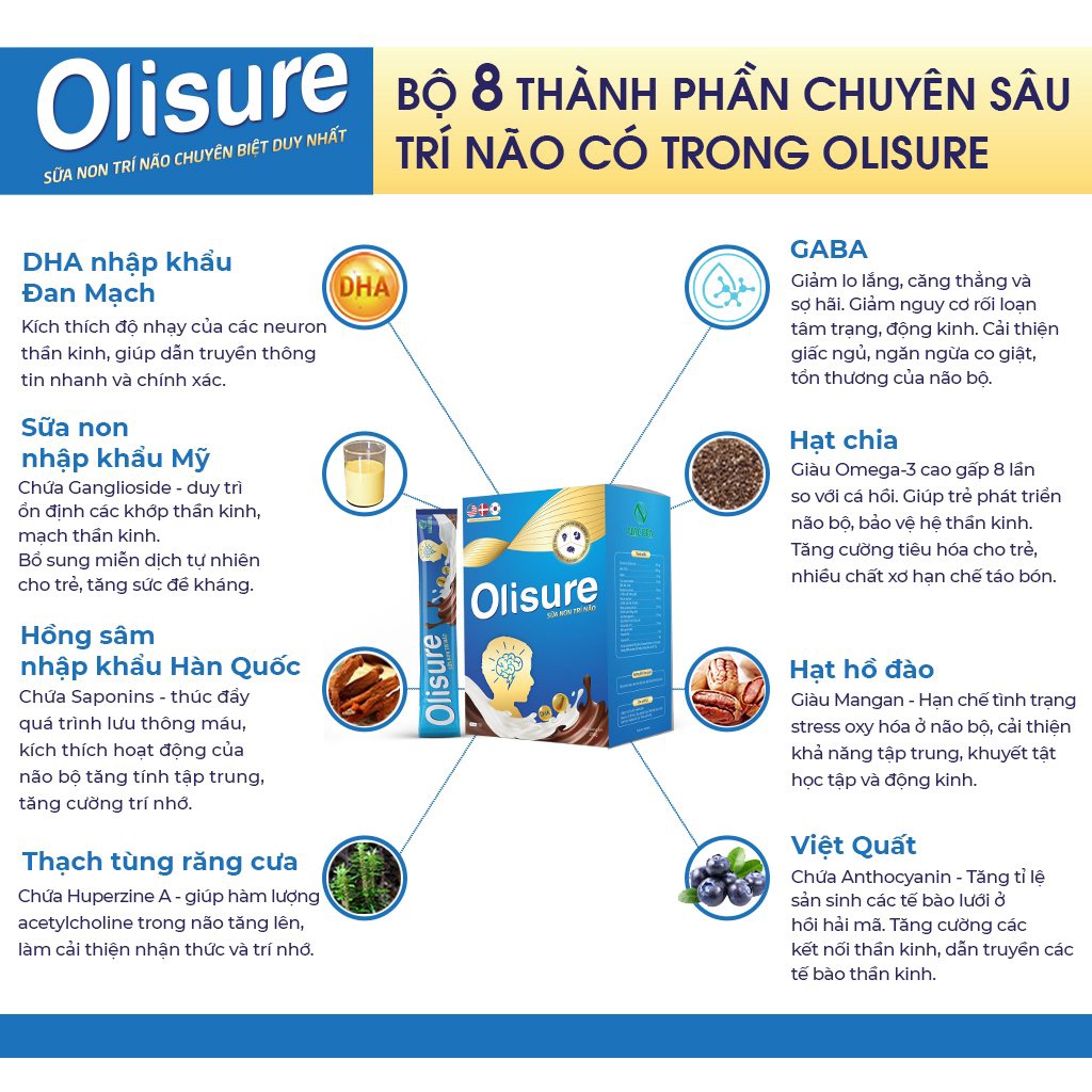 Sữa non trí não Olisure gói 10 gram hỗ trợ giúp bé tăng cường phát triển trí não