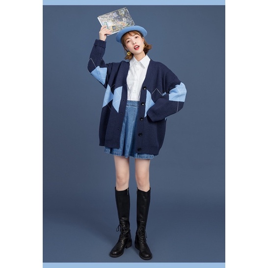 Áo Cardigan len mỏng Tay Dài Cổ Chữ V Họa Tiết thổ cẩm, cảdigan kim cương oversize hai màu đen be - shopbelinh