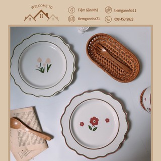 Đĩa sứ viền sóng họa tiết hoa phong cách Vintage Hàn Quốc