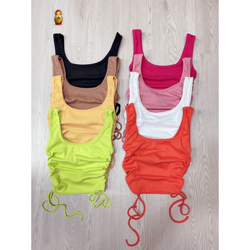 Áo ba lỗ nữ ngắn dáng croptop phối dây rút sườn chất thun bozip trơn