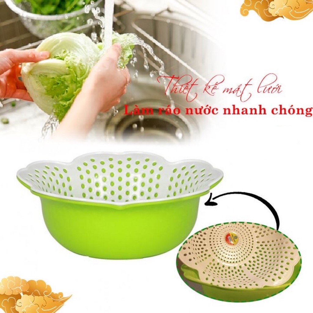 Rổ nhựa bông mai 2 lớp Việt Nhật an toàn, Bộ thau rổ 2 in 1 tiện lợi nhà bếp - MS3395