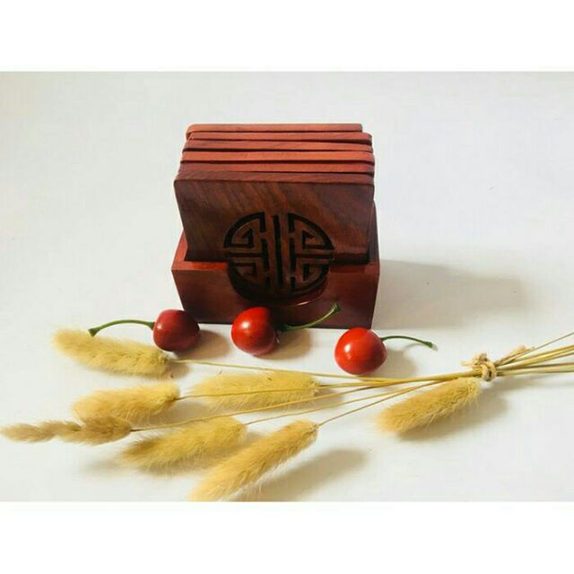 Bộ 6 Miếng Lót Ly Gỗ Hương Mẫu Vuông - Siêu Đẹp