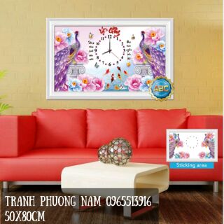 Tranh đính đá vợ chồng đồng hồ 50x80cm