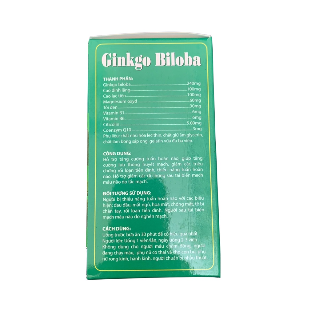 Viên uống Ginkgo Biloba tăng cường tuần hoàn mãu não, lưu thông khí huyết - Hộp 100 viên