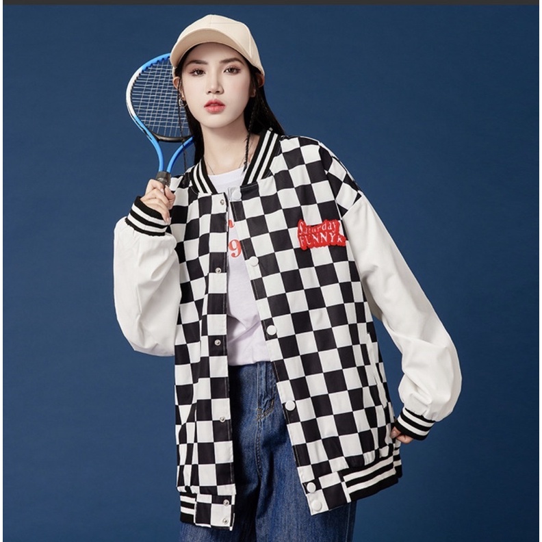 Áo khoác bomber nữ, Áo khoác bomber kẻ Caro phối tay chữ đỏ From rộng Unisex | BigBuy360 - bigbuy360.vn