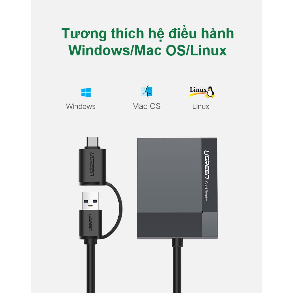 Đầu đọc thẻ hỗ trợ cổng 2 in 1 USB 3.0 / USB type C cho thẻ CF / SD / MS / TF chức năng OTG dài 50cm UGREEN CR125