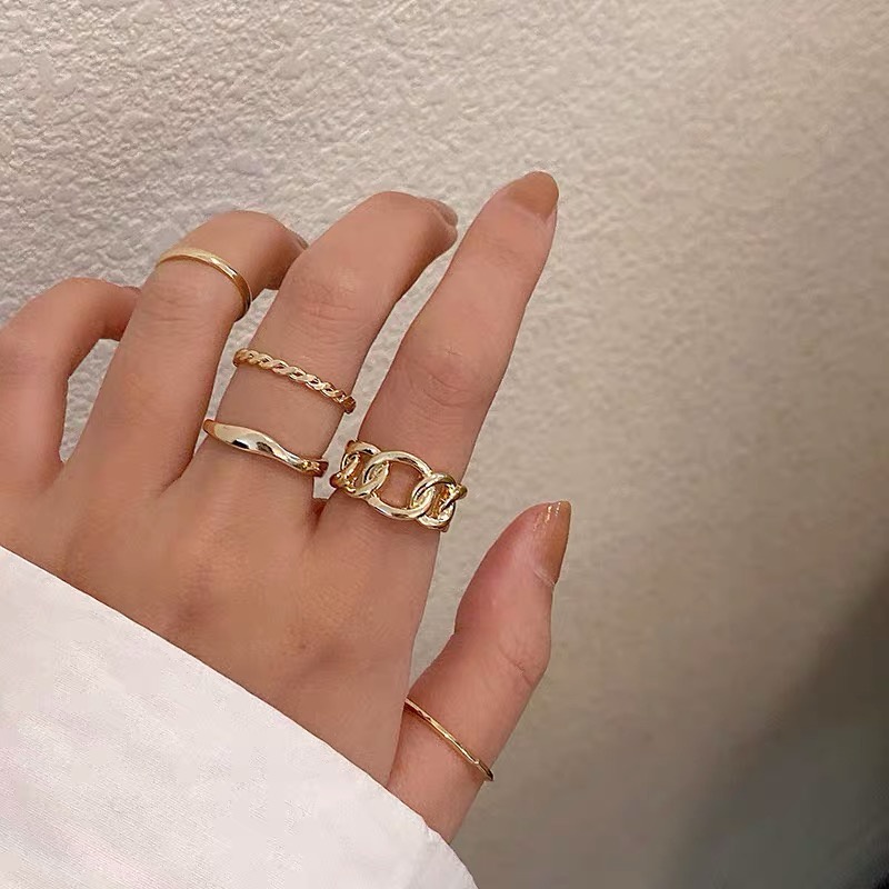 Set năm nhẫn kim loại màu trơn phong cách Retro thời trang đơn giản cá tính