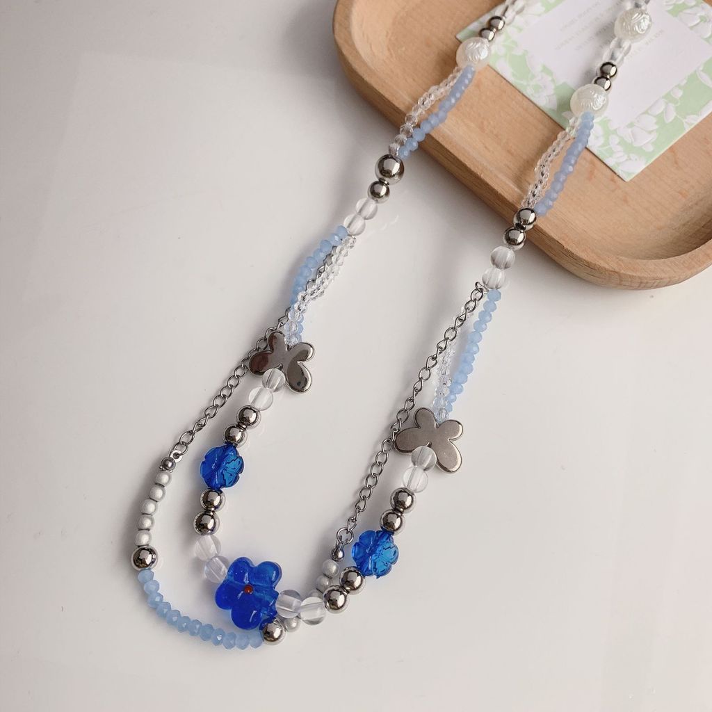 Vòng cổ Hai Lớp Trong Suốt Họa Tiết Hoa Và Bướm Phong Cách Harajuku Dễ Phối Đồ