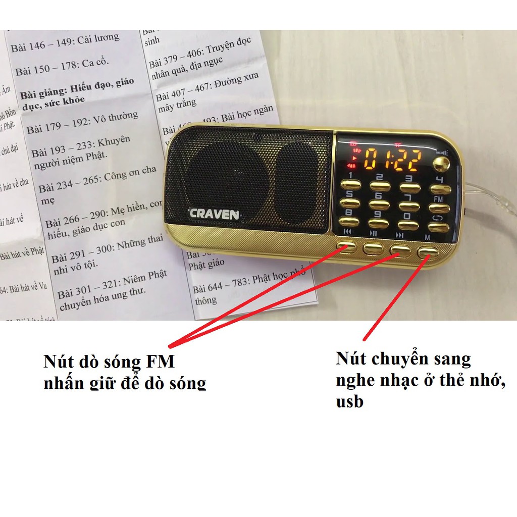 Đài craven Cr 836s máy nghe pháp đa năng nghe radio, thẻ nhớ, usb đèn pin siêu sáng, bhành 6 tháng