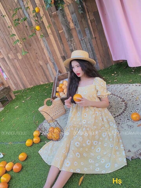 Váy hoa đũi babydoll ngắn tay dáng xoè rộng bầu bí mặc ok