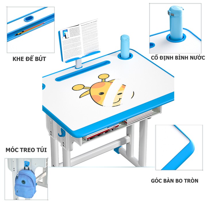 Bộ bàn ghế học sinh tiểu học thông minh điều chỉnh được độ cao của bàn ghế (kèm đèn và đỡ sách)