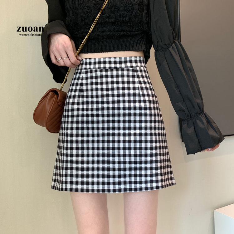 Chân váy SUXI chữ A eo cao hoa văn kẻ ô phong cách hàn quốc dành cho nữ