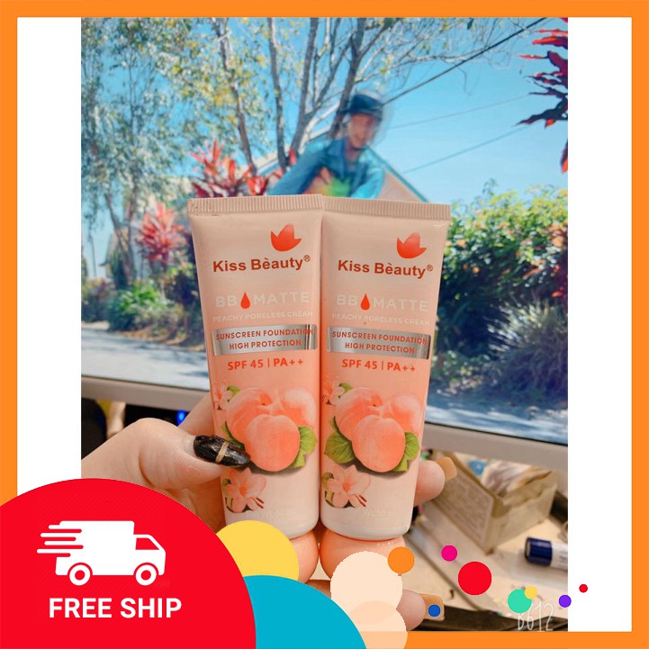 Kem lót nền BB Matte Kiss Beauty đào 50ml, Kem nền Kiss Beauty 2 in 1 che khuyết điểm và kiềm dầu