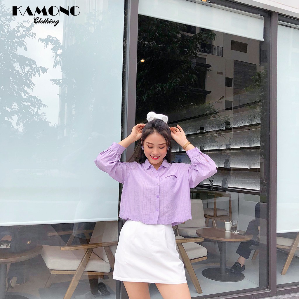 Áo sơ mi croptop lai lượn túi kiểu KAMONG A035