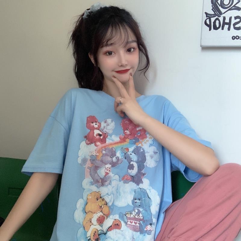 100% cotton 2021 new summer short sleeve T-shirt women loose Korean versatile student bear print on clothes