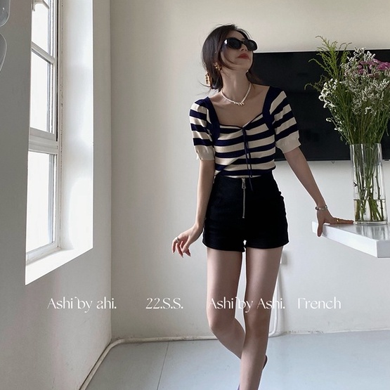 Áo dệt kim ZHELIHANGFEI ngắn tay cổ vuông kẻ sọc phối dây buộc thời trang trẻ trung
