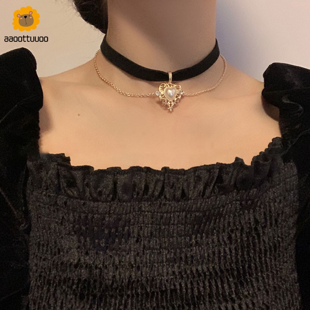 Vòng Cổ Choker Dây Nhung Mặt Trái Tim Vàng Phong Cách Retro