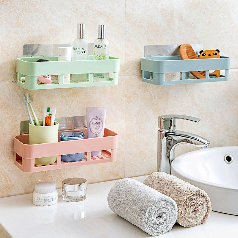 Kệ Nhựa Chữ Nhật Đựng Đồ Nhà Tắm Đa Năng Dán Tường Không Cần Khoan Đục