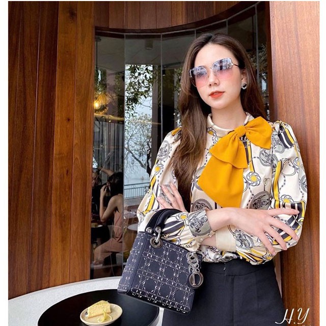 Áo sơ mi nữ dài tay họa tiết nơ cổ vàng sang chảnh cực đẹp (Thời trang công sở VIP) (Cam kết hàng y hình)