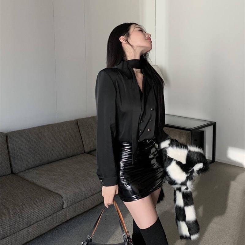 SET ÁO LÔNG NGẮN PHỐI SƠ MI VÀ CHÂN VÁY DA SANG CHẢNH CHICGIRL