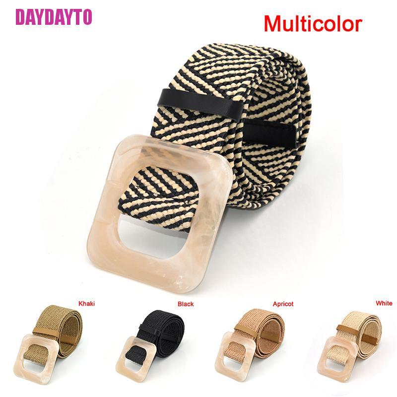 Thắt lưng bện dây cói khóa gỗ vuông phong cách boho cổ điển thời trang mùa hè xinh xắn cho nữ