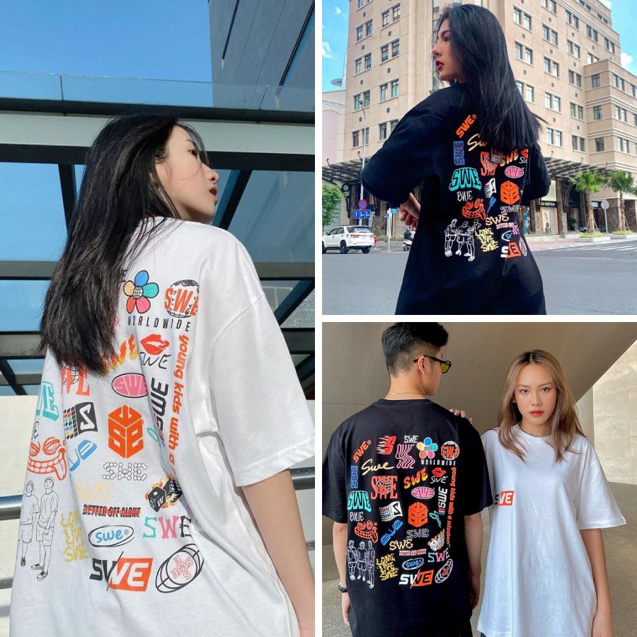 Áo Phông Unisex S.WE Logos Tay Lỡ Form Rộng - Áo Thun Unisex Chất Liệu Cotton 2 Màu Đen Trắng Logos S.WE AT010