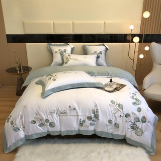Bộ Chăn Ga Lụa Silk 60s họa tiết thêu, sét 4 món sang trọng, thoáng mát