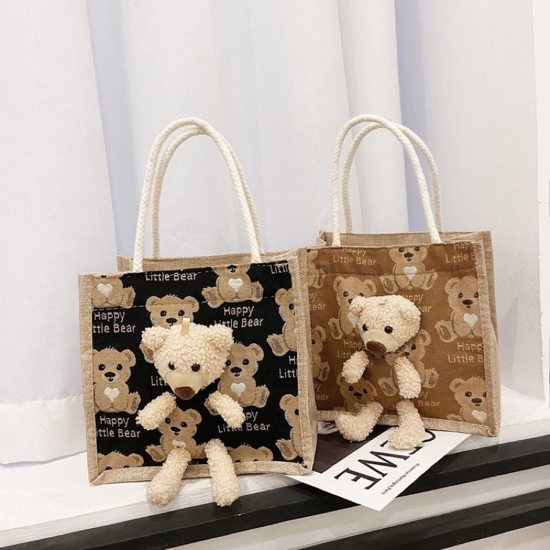 Túi cói kèm gấu bông Teddy Mini cực xinh