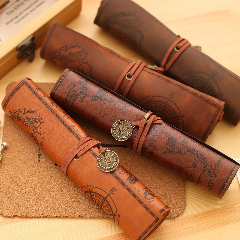 Túi Đựng Bút Bằng Da Canvas Cỡ Lớn Họa Tiết Bản Đồ Kho Báu Sáng Tạo Ốp