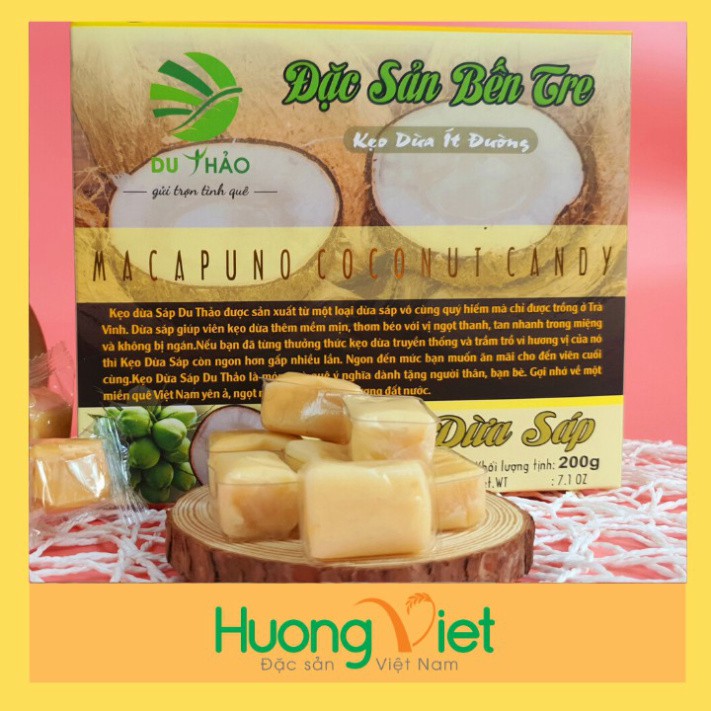 Kẹo dừa Sáp ít đường Du Thảo 200g, kẹo dừa thượng hạng Bến Tre, kẹo dừa Bến Tre mềm dẻo