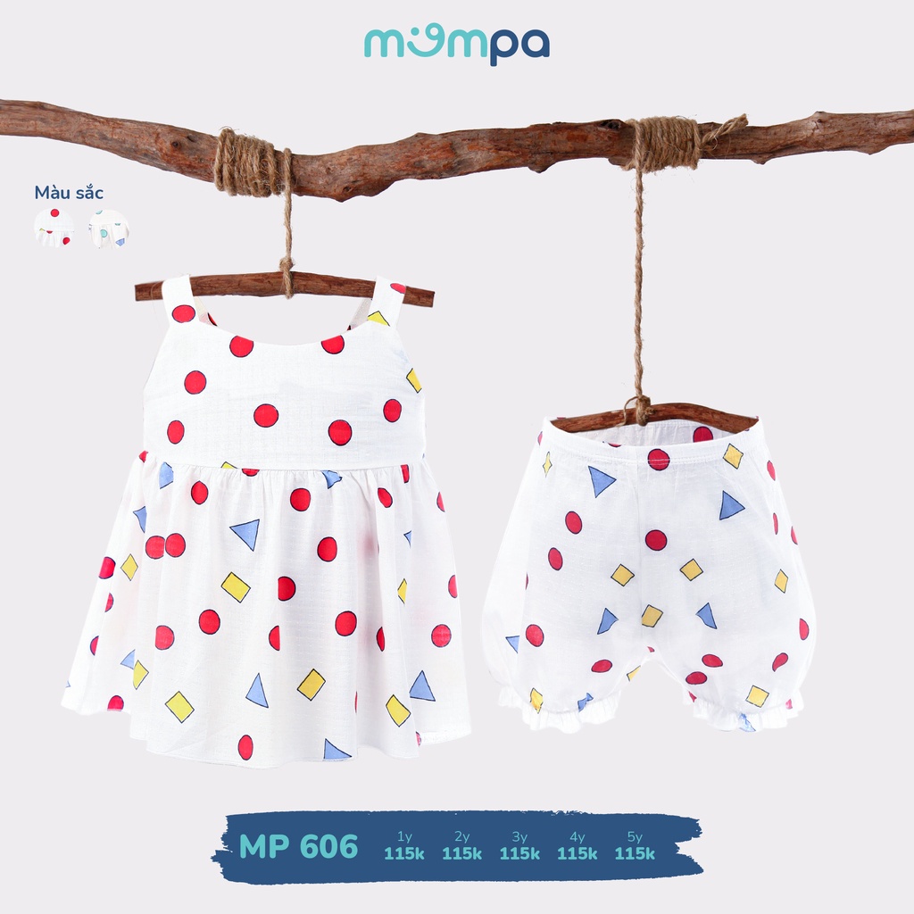 Váy 2 dây cho bé Mompa kèm quần vải thô họa tiết chấm đỏ xanh MP 606