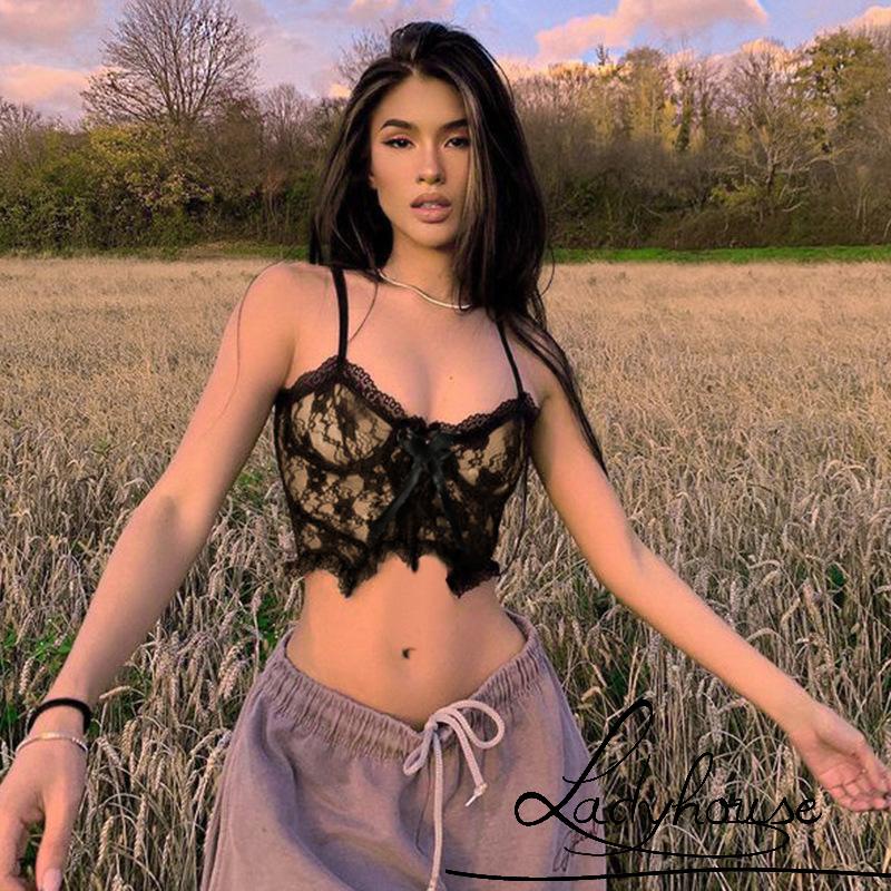 Áo croptop hai dây cổ chữ V phối ren hoa và nơ gợi cảm cho nữ