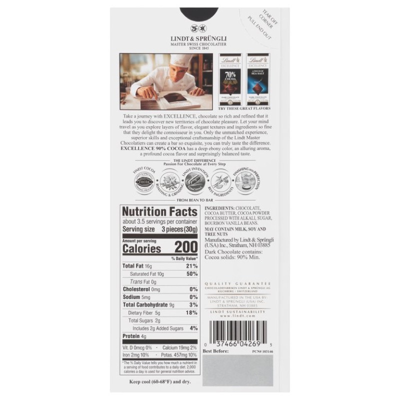 Kẹo socola Mỹ thanh đắng Lindt 90% Cocoa 100g