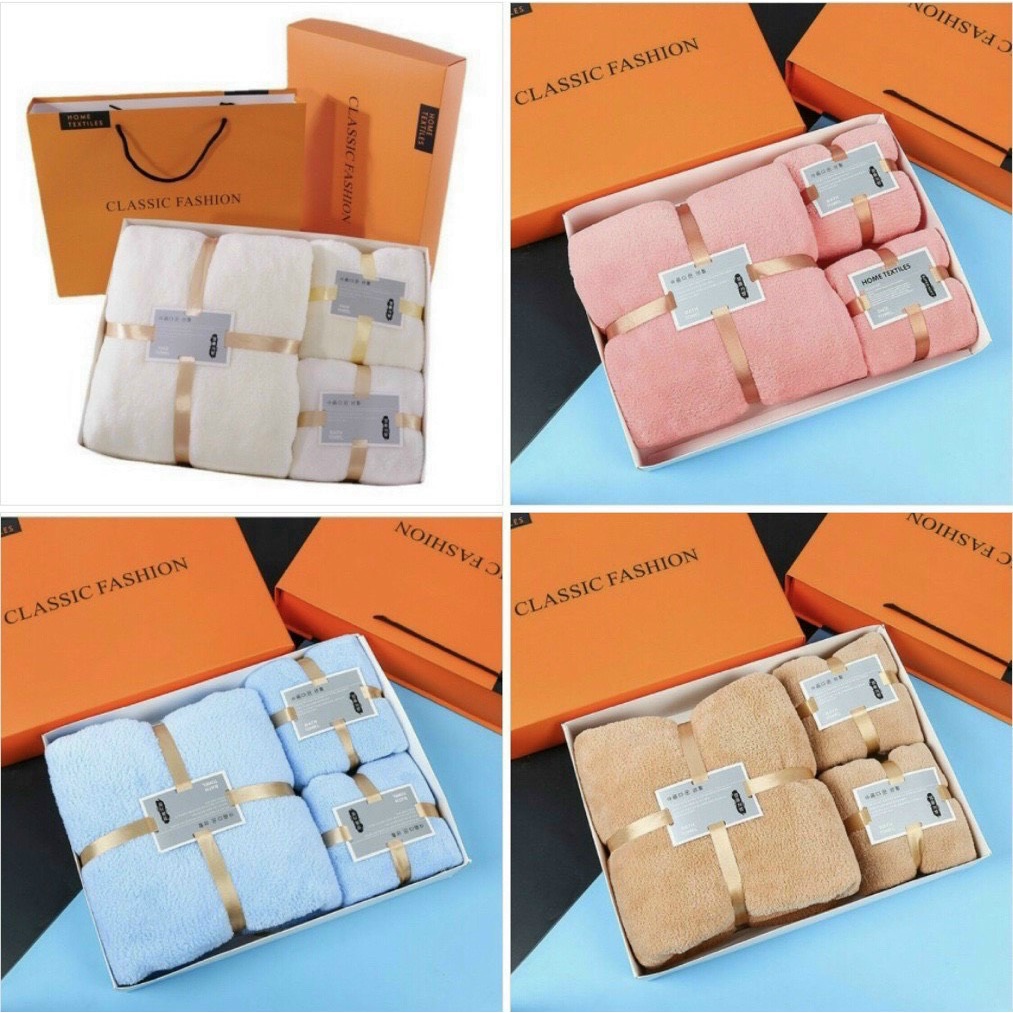 Set 3 Khăn Lông Cừu Siêu Thấm Hút Gồm 2 Khăn Mặt, 1 Khăn Tắm Kèm Hộp 【】