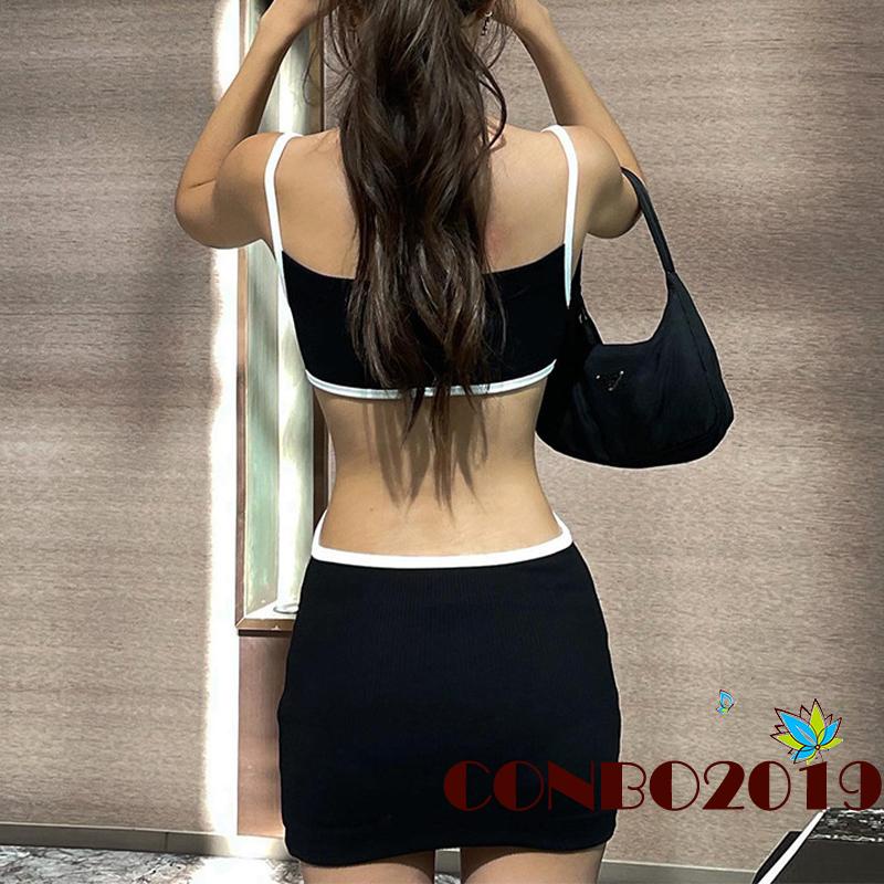 Đầm Ôm Hai Dây Hở Lưng Màu Sắc Tương Phản Dành Cho Nữ