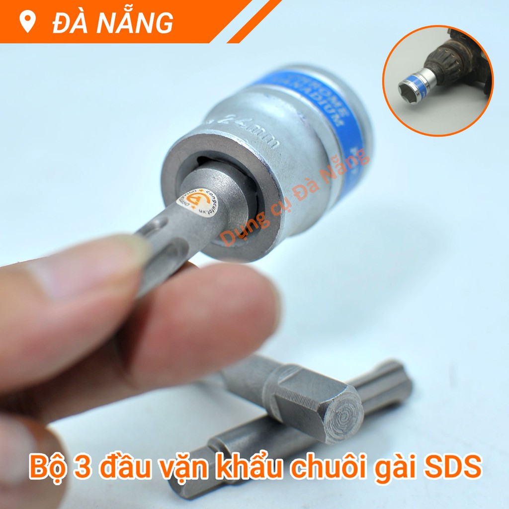 Bộ 3 đầu vặn khẩu chuôi gài SDS thép CR40 1/2 1/4 3/8inch