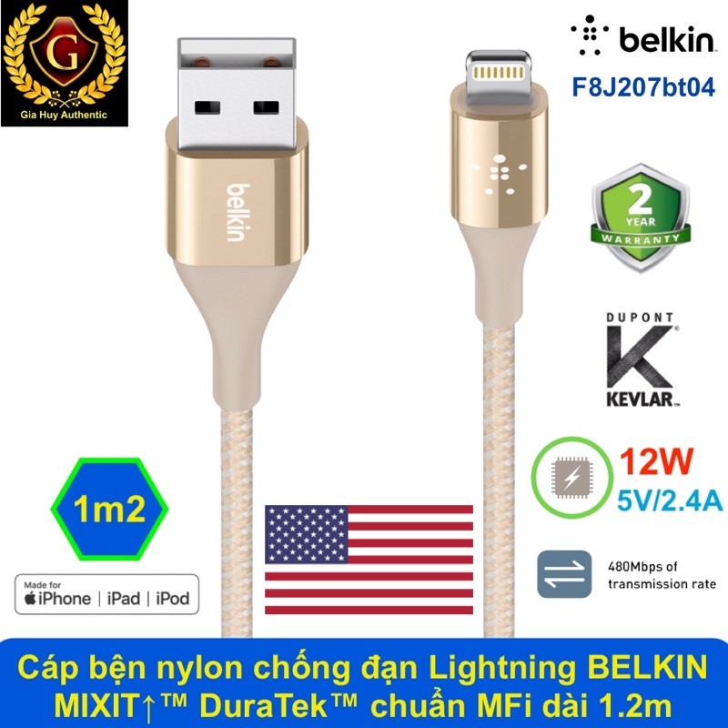 Cáp sạc iPhone, iPad bện nylon chống đạn BELKIN F8J207bt04 MIXIT↑™ DuraTek™ USB-A ra Lightning chuẩn MFi 12W dài 1.2m