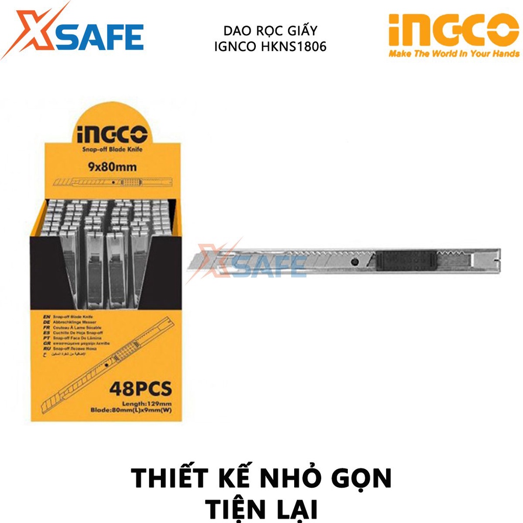 Dao rọc giấy INGCO HKNS1806 Dao cắt giấy kích cỡ lưỡi dao 9x80mm dài 129mm kèm 1 lưỡi, khóa lưỡi tự động, nút nhấn phẳng