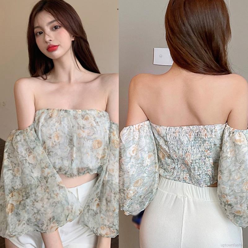 Áo croptop trễ vai tay loe dài in họa tiết hoa dễ thương thời trang mùa hè cho nữ