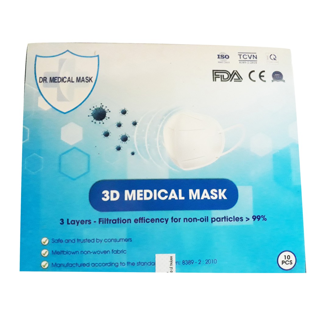 Hộp khẩu trang y tế 3 lớp 3D 3 layers face mask phòng nhiễm khuẩn - Dr Medical mask - Hộp 10 miếng